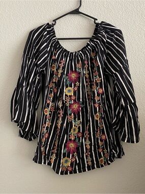 Savanna Jane Black & White Striped Peasant Top with Multicolor Floral Embroidery